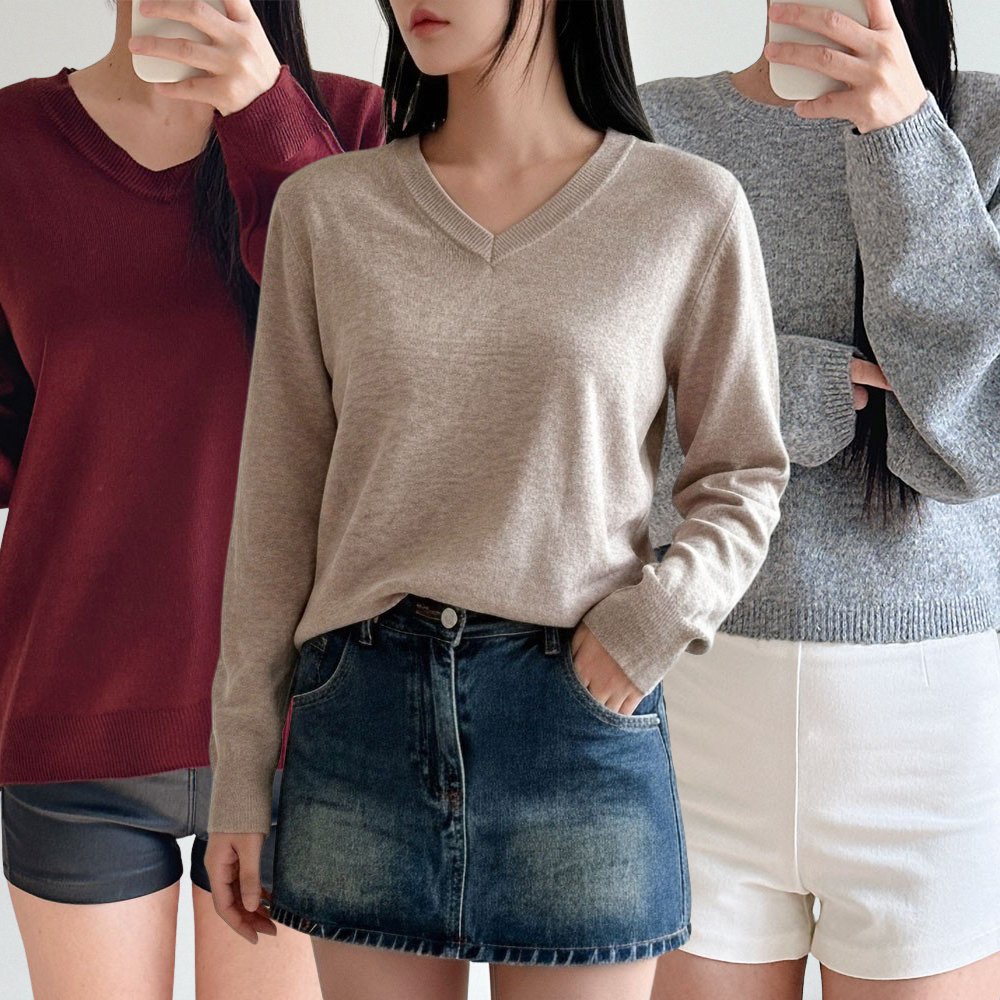 여성 브이넥니트 라운드 부드러운 루즈핏 울 단가라 니트티 가을 겨울 스웨터 상세 이미지 1