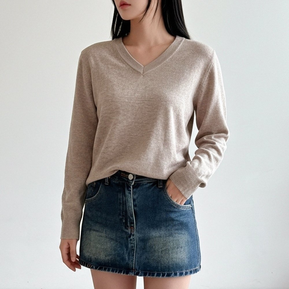 여성 브이넥니트 라운드 부드러운 루즈핏 울 단가라 니트티 가을 겨울 스웨터 상세 이미지 2